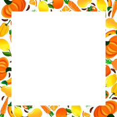 Frame on a card with fruits and vegetables. Colorful border with fresh pumpkin, apples and pears, citrus fruits and carrots. For use in menus, napkins, records, restaurants and cafes, print prints and