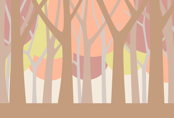 秋の紅葉と木立が美しい森のイラスト　淡い色彩