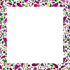 Card with a frame of purple vegetables and fruits. Colorful square border patterned with eggplant, onion and beans, black currant and plum, and other fresh produce. For use in menus, napkins, records