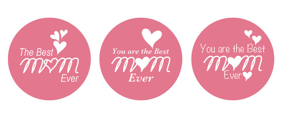 Mother's day concept emblem. Decorative pink round emblem design with The best mom texts. Mother's day illustration vector.　母の日イラスト、母の日ラベル、母の日デザイン素材