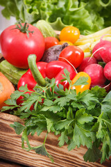 Heap of fresh vegetables as ingredients containing vitamins and minerals using for cooking dishes