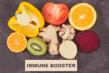 Inscription immune booster with fruits and vegetables. Source vitamins, minerals and dietary fiber