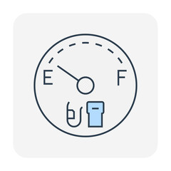 Fuel gauge vector icon. Measurement tool, equipment or instrument for car vehicle dashboard panel to indicator level, full or empty of power and energy in tank i.e. petrol, gas, gasoline and diesel.