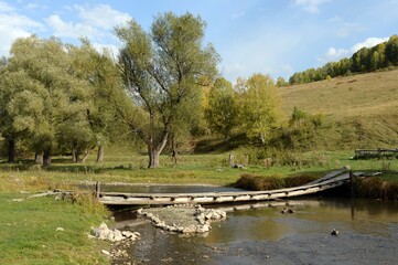 Obraz premium Bridge over the mountain river Yarovka in the taiga village of Generalka, Altai Krai
