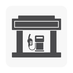Black station canopy on wide pillars above fuel dispenser and hanging hose, silhouette vector for forecourt service symbols, petrol facility catalogs, refueling maps and retail planning diagrams. © DifferR