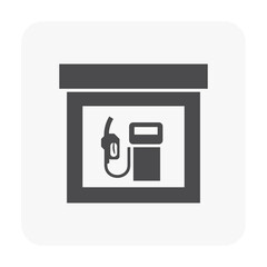 Black fuel station frame surrounding single dispenser and hanging hose on pale panel, silhouette vector for refueling symbols, petrol facility catalogs, service location maps and forecourt diagrams. © DifferR