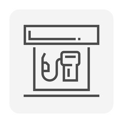 Fuel station canopy over single dispenser and hanging hose with baseline below, black outline vector for service catalogs, refueling facility diagrams, petrol location maps and forecourt graphics. © DifferR