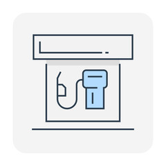 Fuel station canopy with blue dispenser and hanging hose above baseline, thin outlined vector for petrol service catalogs, roadside facility diagrams, refueling location maps and forecourt graphics. © DifferR