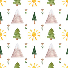 Seamless pattern with watercolor illustrations of mountains, trees, sun in Scandinavian style. 