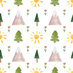 Wall murals Mountains Seamless pattern with watercolor illustrations of mountains, trees, sun in Scandinavian style. 