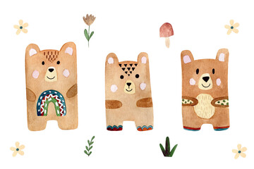 Collection of watercolor illustrations of bears in scandinavian style. 
