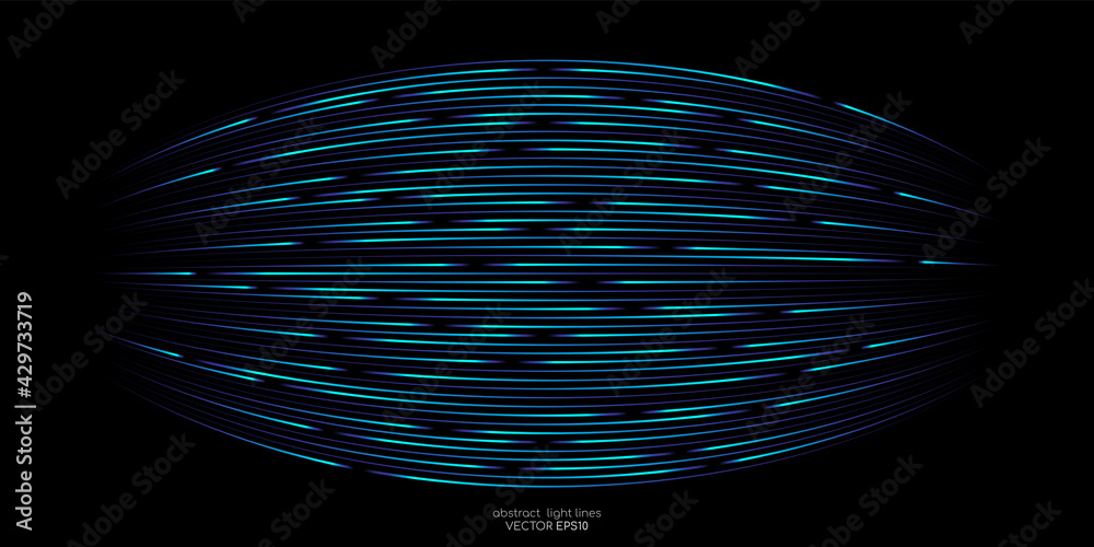 Aufkleber Abstract speed light curve lines movement dynamic pattern in blue green colors isolated on black background in concept of AI technology, 5G, digital, communication.