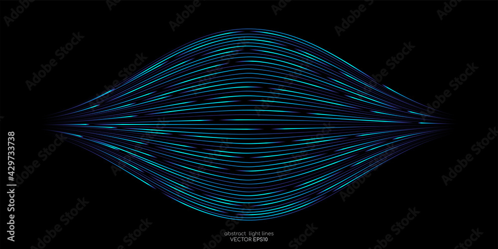 Poster Abstract speed light curve lines movement dynamic pattern in blue green colors isolated on black background in concept of AI technology, 5G, digital, communication.