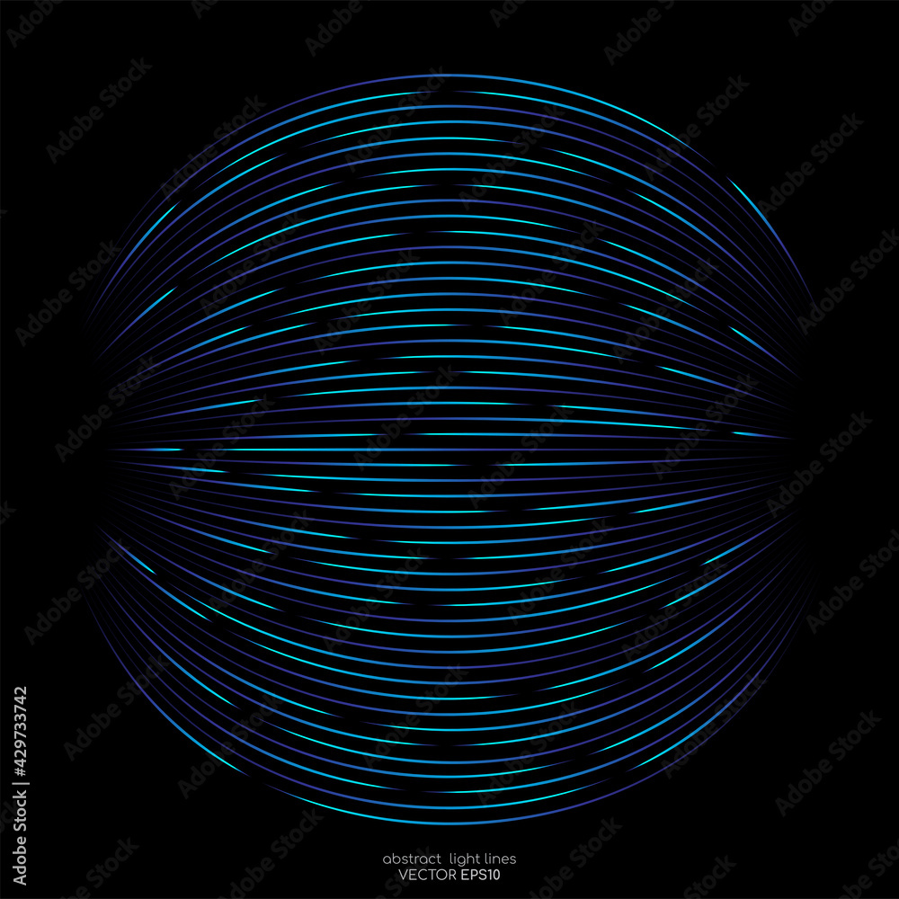 Aufkleber Abstract speed light lines movement dynamic pattern sphere shape blue green colors isolated on black background in concept of music, technology, digital, communication.