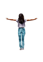 a girl stands with her arms outstretched, rear view, illustration isolated on a white background.