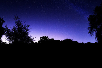 Dark blue night starry sky with hill forest silhouette background. Galaxy stars. Night sky gradient. Hill forest landscape.