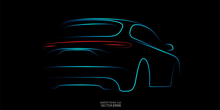 Electric SUV car by sketch blue and red light line colors isolated on black background. Vector illustration.