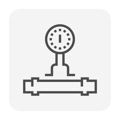 Pressure gauge vector icon. Also called manometer meter. Industrial measuring equipment tool for measurement pressure of water, air, steam and oil gas fuel in pipe or pipeline system. Editable stroke.