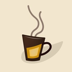 A cup of hot coffee on a light background. Coffee logo. Modern icon. The symbol of invigorating drinks is tea and coffee. Minimalism vector logo for cafes, coffee houses, bars. Illustration for web.