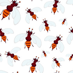 Bees seamless pattern. Wasps seamless pattern. Cute natural background of bees, for fabric, for wrapping paper, flat illustration, cartoon illustration, background from wasps for packing honey