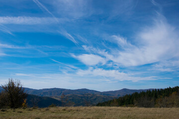 forest mountains blue sky. Majestic view on beautiful mountains, in landscape. Dramatic unusual scene. Travel background. Exploring beauty world. Carpathian mountains. Ukraine. Europe.