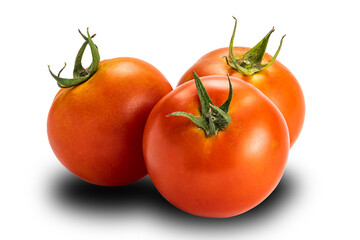 Group of cherry tomatoes isolated on white background. Tomatoes or Solanum lycopersicum or lycopersicon esculentum are source of the antioxidant lycopene which reduced risk of heart disease and cancer