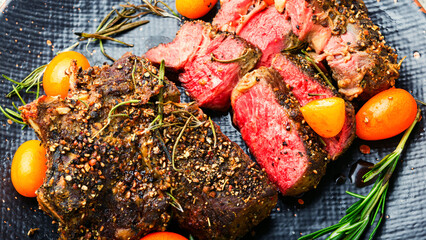 Fototapeta na wymiar Freshly veal steak with kumquat,close up