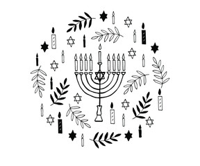 Hanukkah hand lettering, brush calligraphy. Jewish holiday greetings  isolated on white background. Vector  illustration.