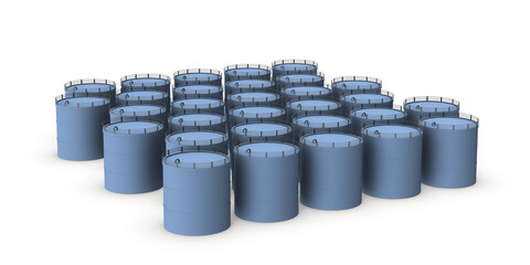 大量に並ぶ処理水タンク。白バック。3Dレンダリング。