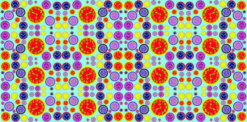 An ornament of a multi-colored wall clock on a blue background. Use it for illustrations and textures.