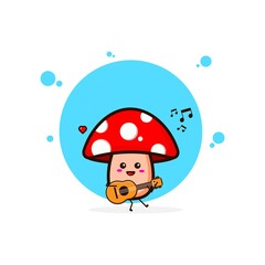 Red mushrooms play guitar cute character illustration