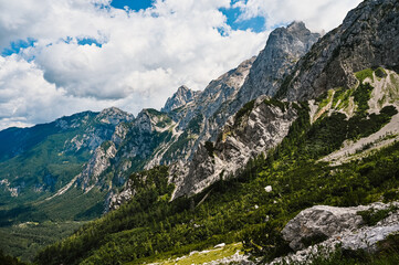 Fototapeta na wymiar Logar valley or Logarska dolina, Slovenia, Europe. Hiking in savinja Alps and Slovenia mountain. Popular site for a hike in triglav national park