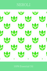 Essential oil banner or label. Neroli essential oil. Seamless, scalable neroli pattern. Cosmetics packaging design. Template on the theme of aromatherapy.