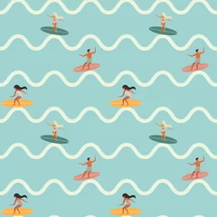 No drill light filtering roller blinds Sea Vintage Surfing People on Waves Seamless Pattern