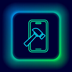 Glowing neon line Smartphone with broken screen icon isolated on black background. Shattered phone screen icon. Colorful outline concept. Vector