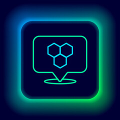 Glowing neon line Honeycomb bee location map pin pointer icon isolated on black background. Farm animal map pointer. Colorful outline concept. Vector