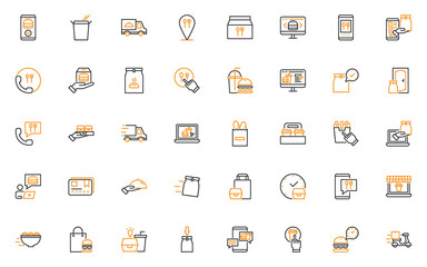 set of food delivery thin line icons, restaurant, order, fast food, take away