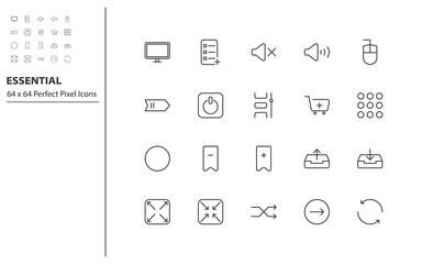 set of essential thin line icons, app, business, communication, social media