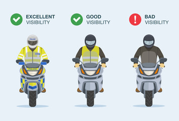 Good, bad and excellent visibility of motorcycle rider on road. Front view of isolated bikers. Flat vector illustration template. © flatvectors