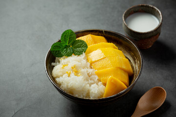 fresh ripe mango and sticky rice with coconut milk on dark background
