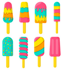 Summer frozen bright colorful ice cream vector set with different designs