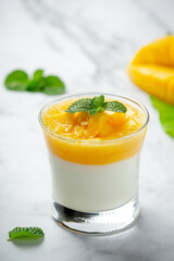 Homemade mango yoghurt on marble backgroud