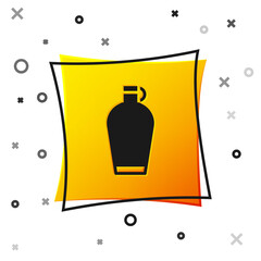 Black Canteen water bottle icon isolated on white background. Tourist flask icon. Jar of water use in the campaign. Yellow square button. Vector