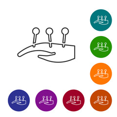 Black line Acupuncture therapy on the hand icon isolated on white background. Chinese medicine. Holistic pain management treatments. Set icons in color circle buttons. Vector