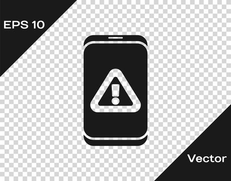 Black Mobile phone with exclamation mark icon isolated on transparent background. Alert message smartphone notification. Vector