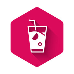 White Fresh smoothie icon isolated with long shadow. Pink hexagon button. Vector