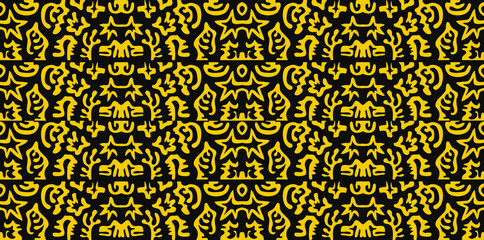A pattern of yellow shapes and fractals on a black background. Apply as a texture or illustration.