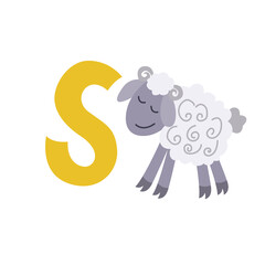Sheep animal alphabet symbol. English letter S isolated on white background. Funny hand drawn style character. Learn kids to read with cute toy illustration