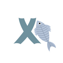 X-ray fish animal alphabet symbol. English letter X isolated on white background. Funny hand drawn style character. Learn kids to read with cute toy illustration