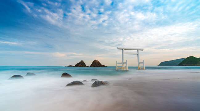 Sakurai Futamigaura's sacred Couple Stones view from de beach in Itoshima, Fukuoka, Japan scenic landscape